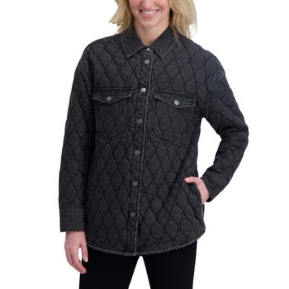 Quilted Dark Gray Denim Shacket Jacket - Women's Lightweight Button-Up